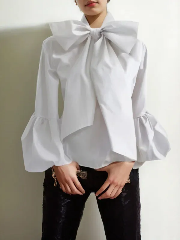 Amozae-2024 Women‘s Split-Joint Solid Color Bowknot Puff Sleeves Loose Stand Collar Blouses&shirts Autumn Stylish Tops
