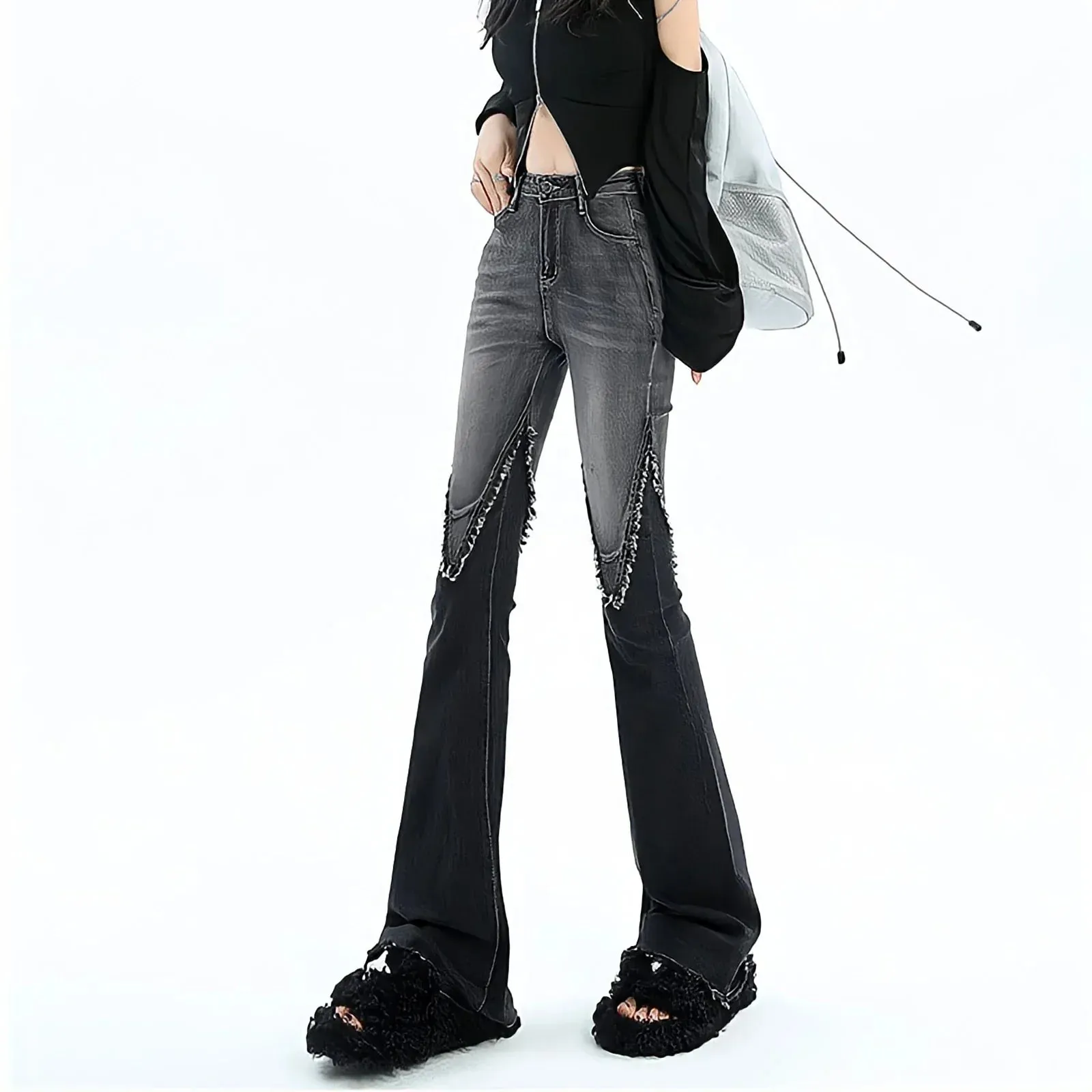binfenxie Streetwear Y2k Jeans Women 90s Vintage Grunge Punk Korean Fashion High Waist Brushed Denim Trousers Black Wide Leg Flared Pants