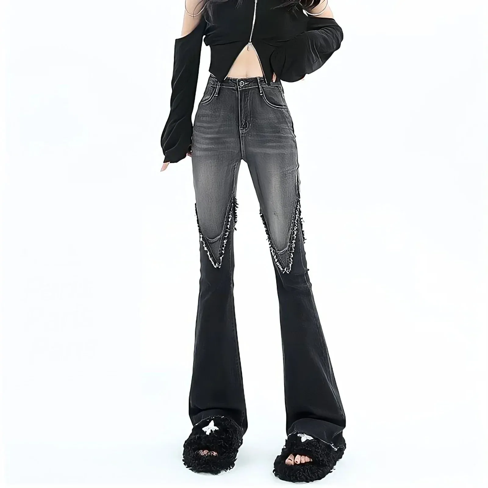 binfenxie Streetwear Y2k Jeans Women 90s Vintage Grunge Punk Korean Fashion High Waist Brushed Denim Trousers Black Wide Leg Flared Pants