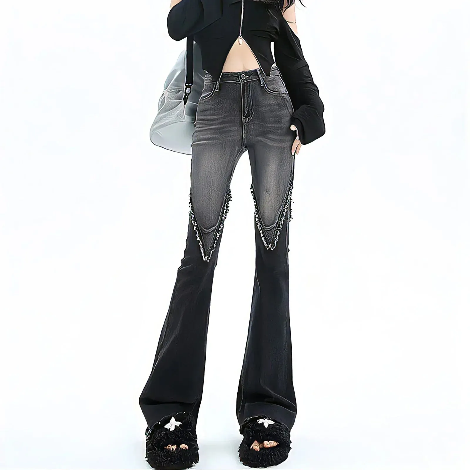 binfenxie Streetwear Y2k Jeans Women 90s Vintage Grunge Punk Korean Fashion High Waist Brushed Denim Trousers Black Wide Leg Flared Pants