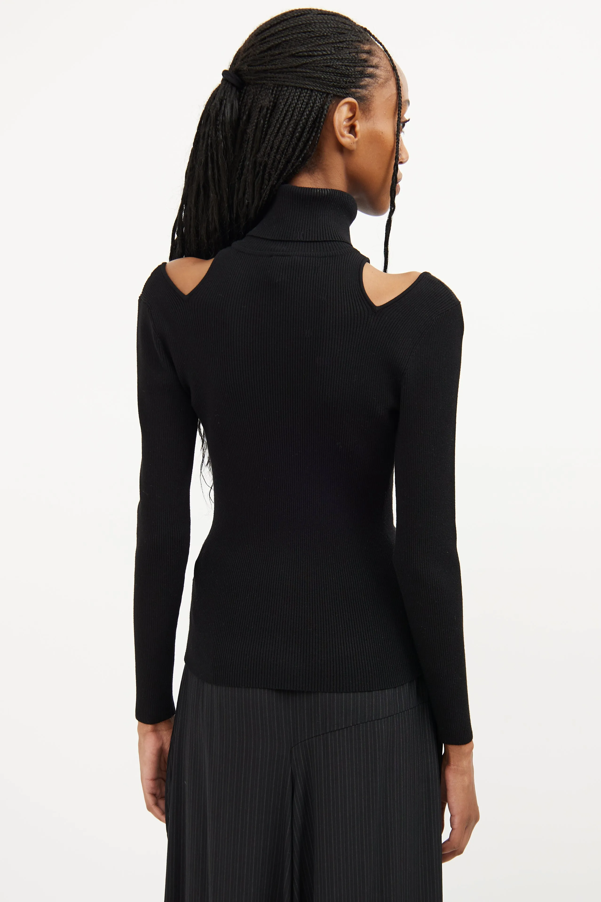 Black Ribbed Off Shoulder Turtleneck Top