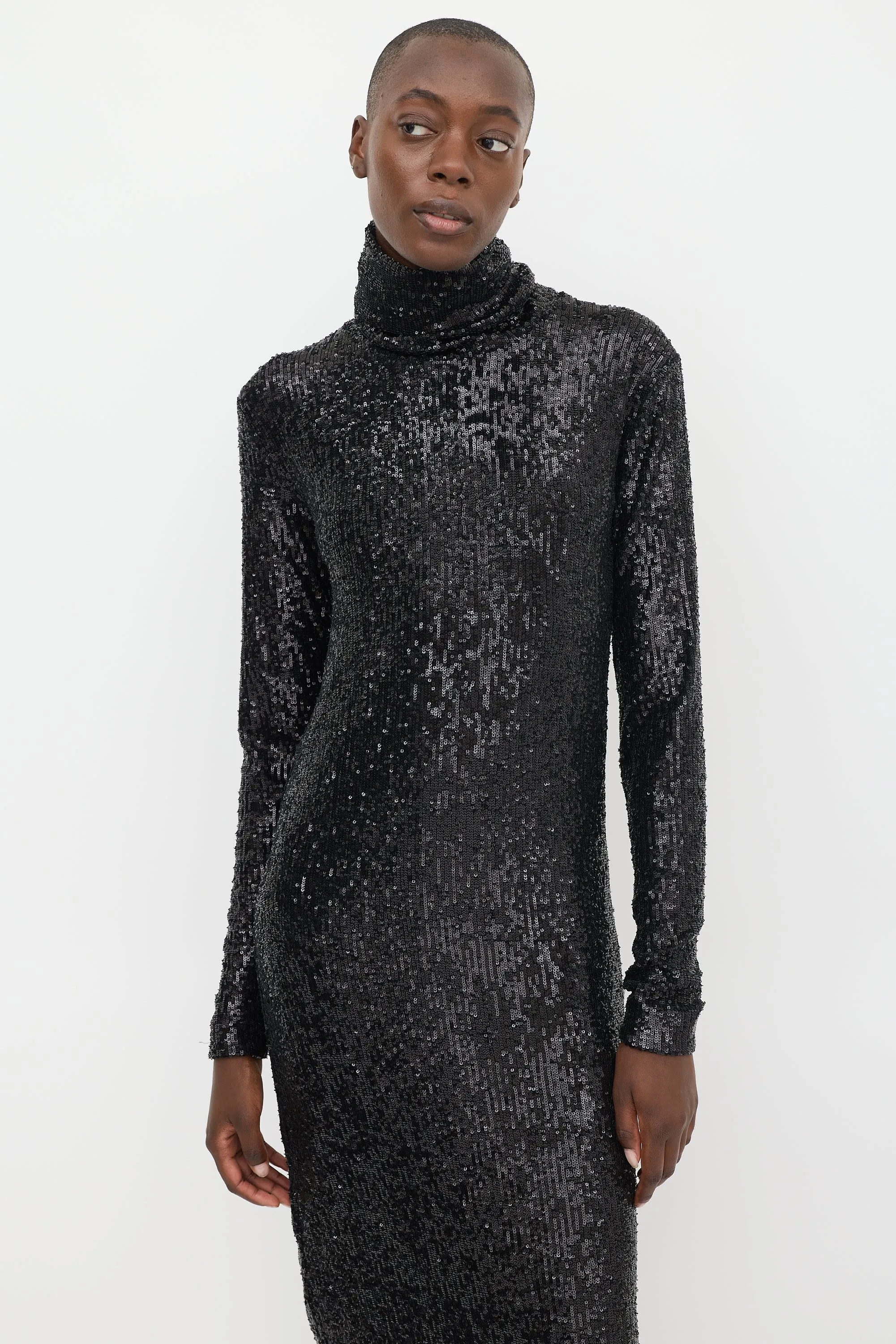 Black Sequin Turtleneck Midi Dress