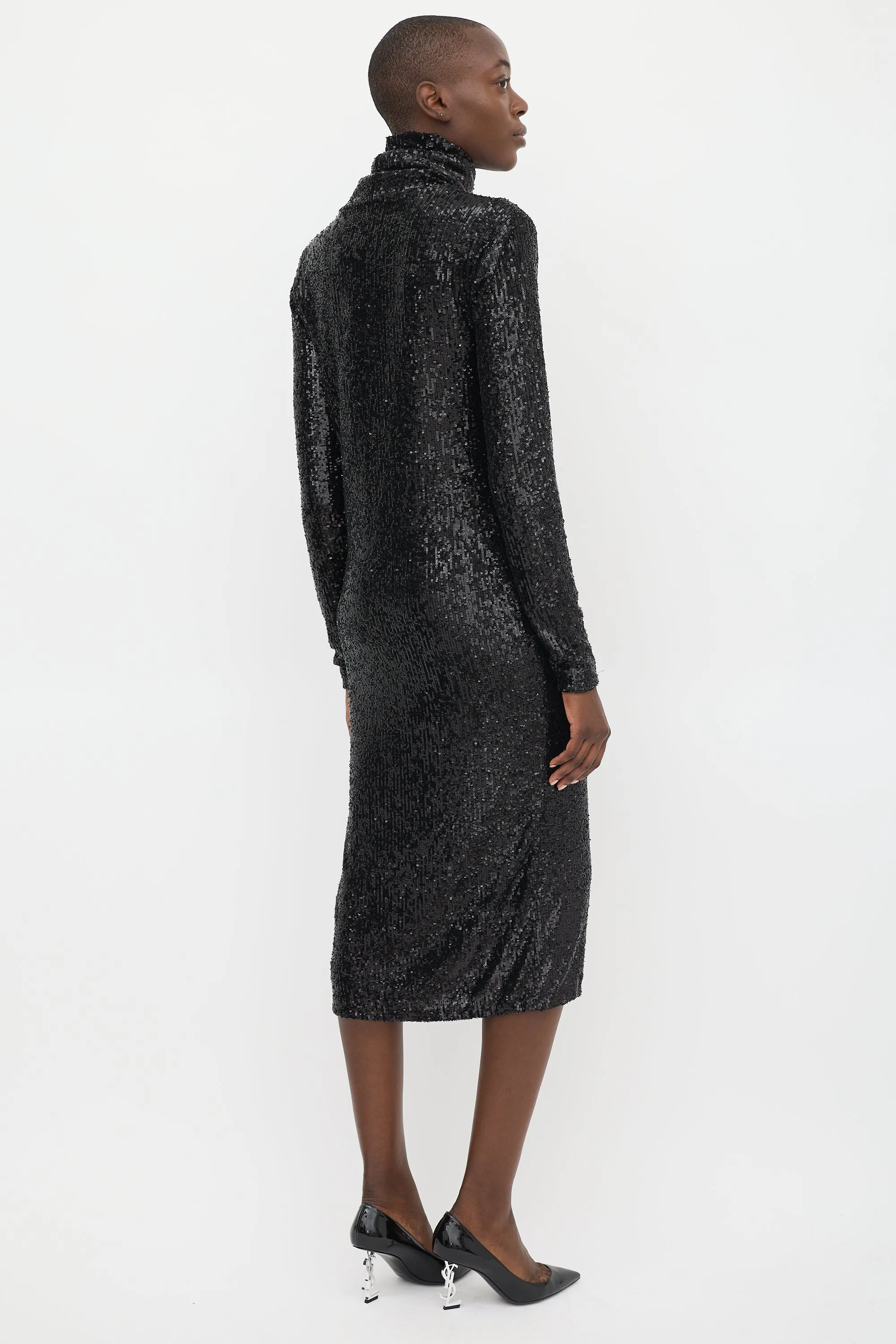 Black Sequin Turtleneck Midi Dress