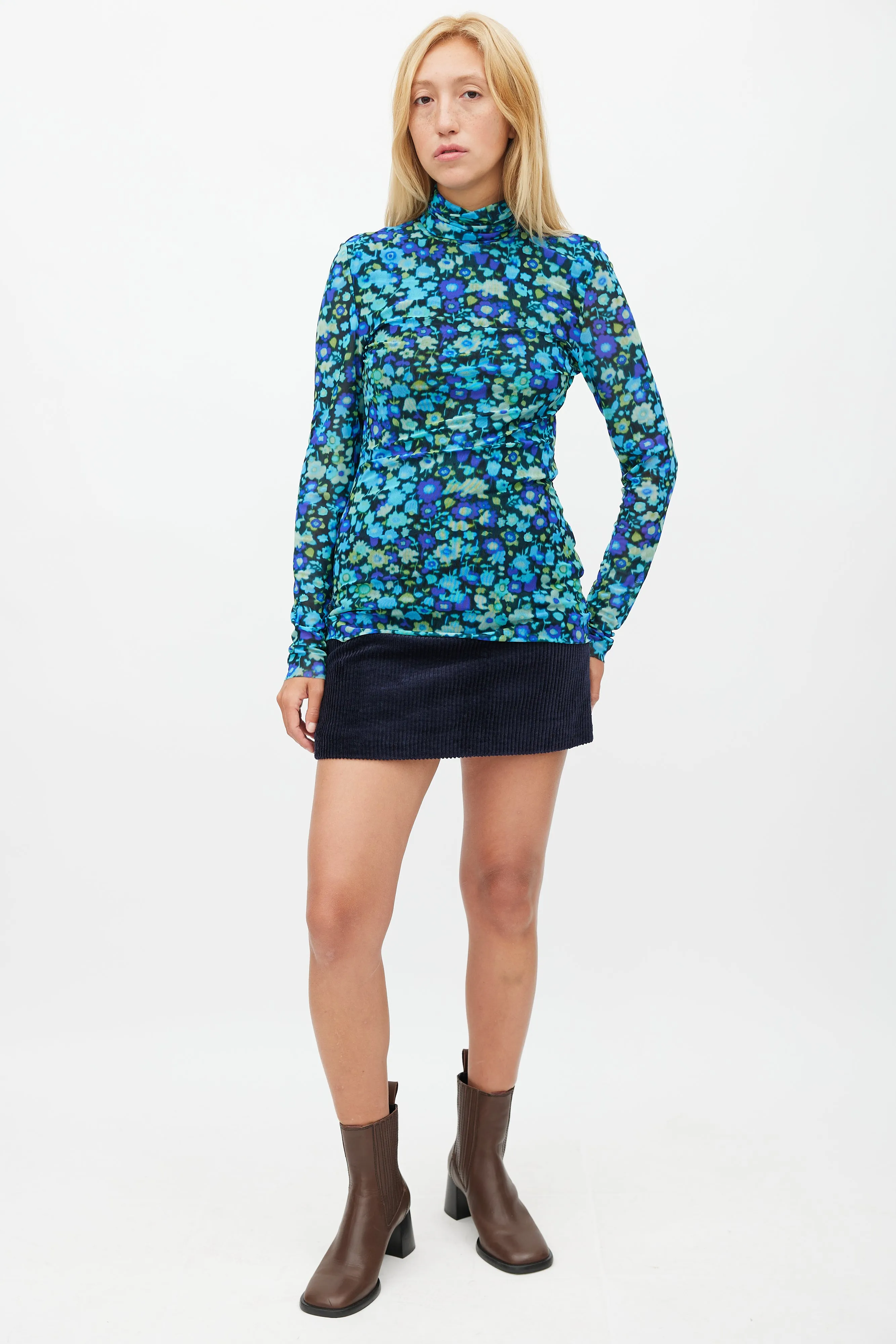 Blue & Multicolour Floral Mesh Top