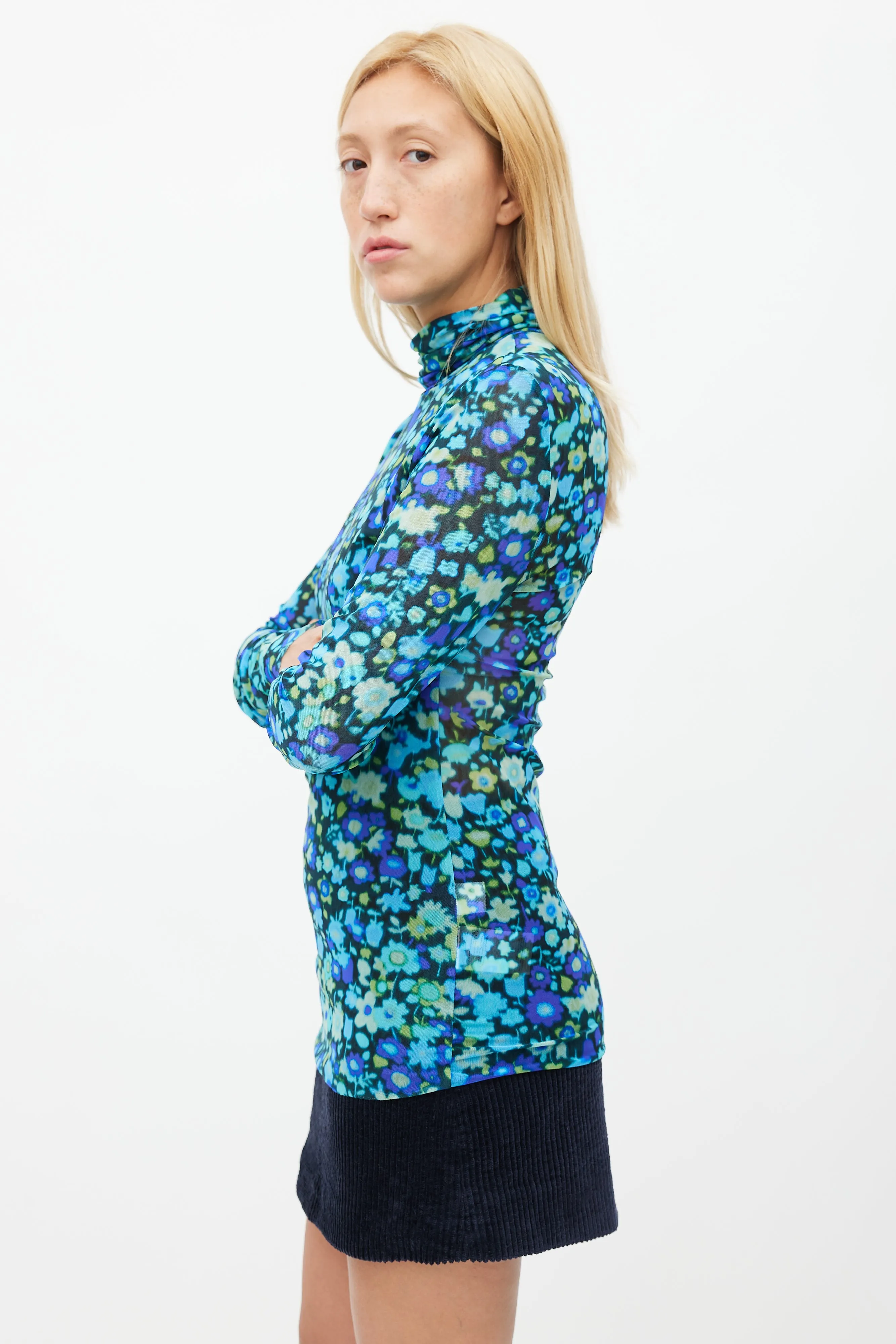 Blue & Multicolour Floral Mesh Top
