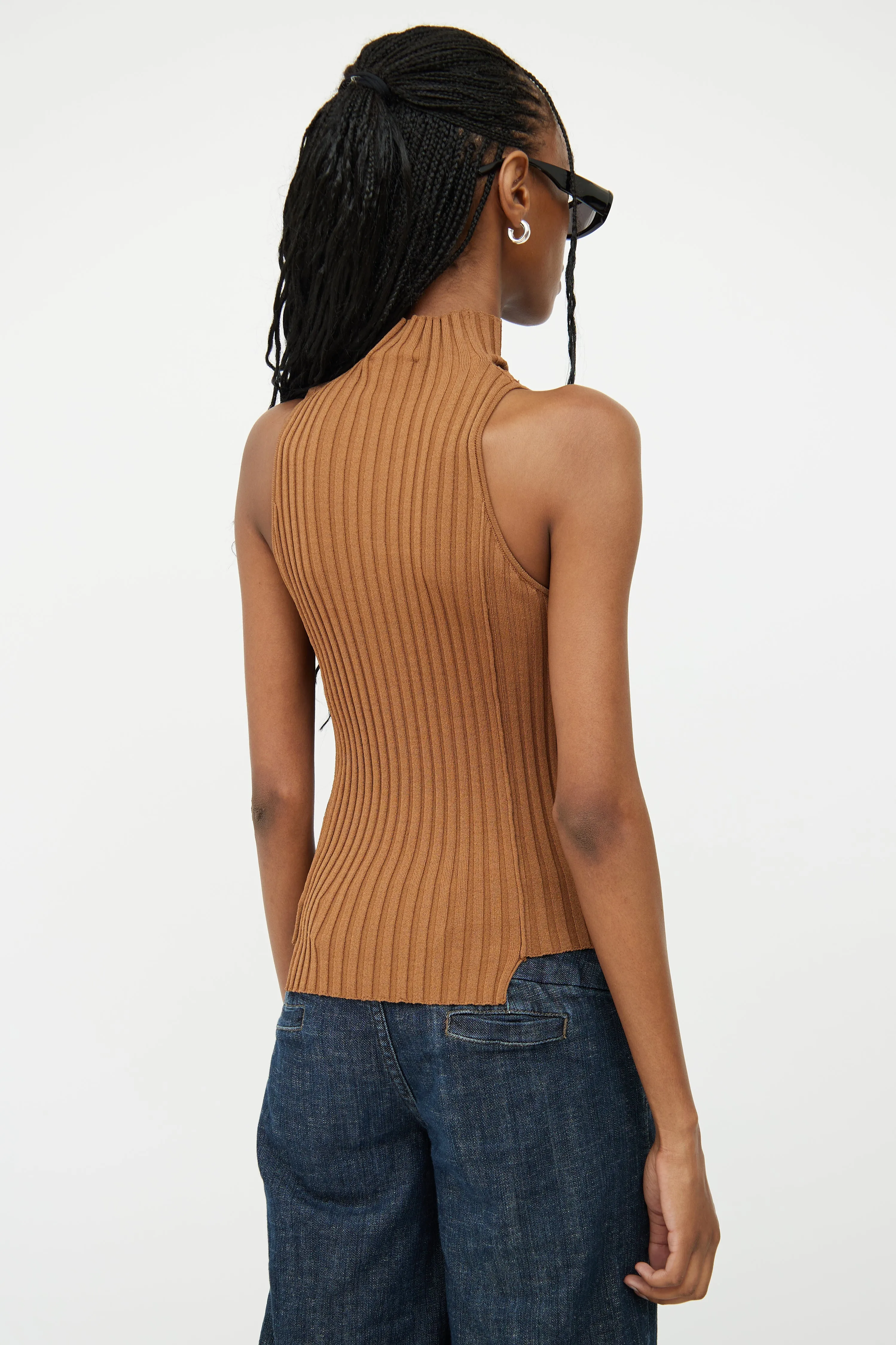 Brown Ribbed Sleeveless Top