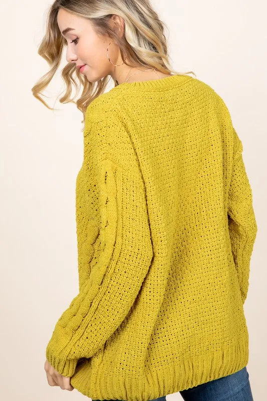 Chenille Cable Knit Sweater - mustard