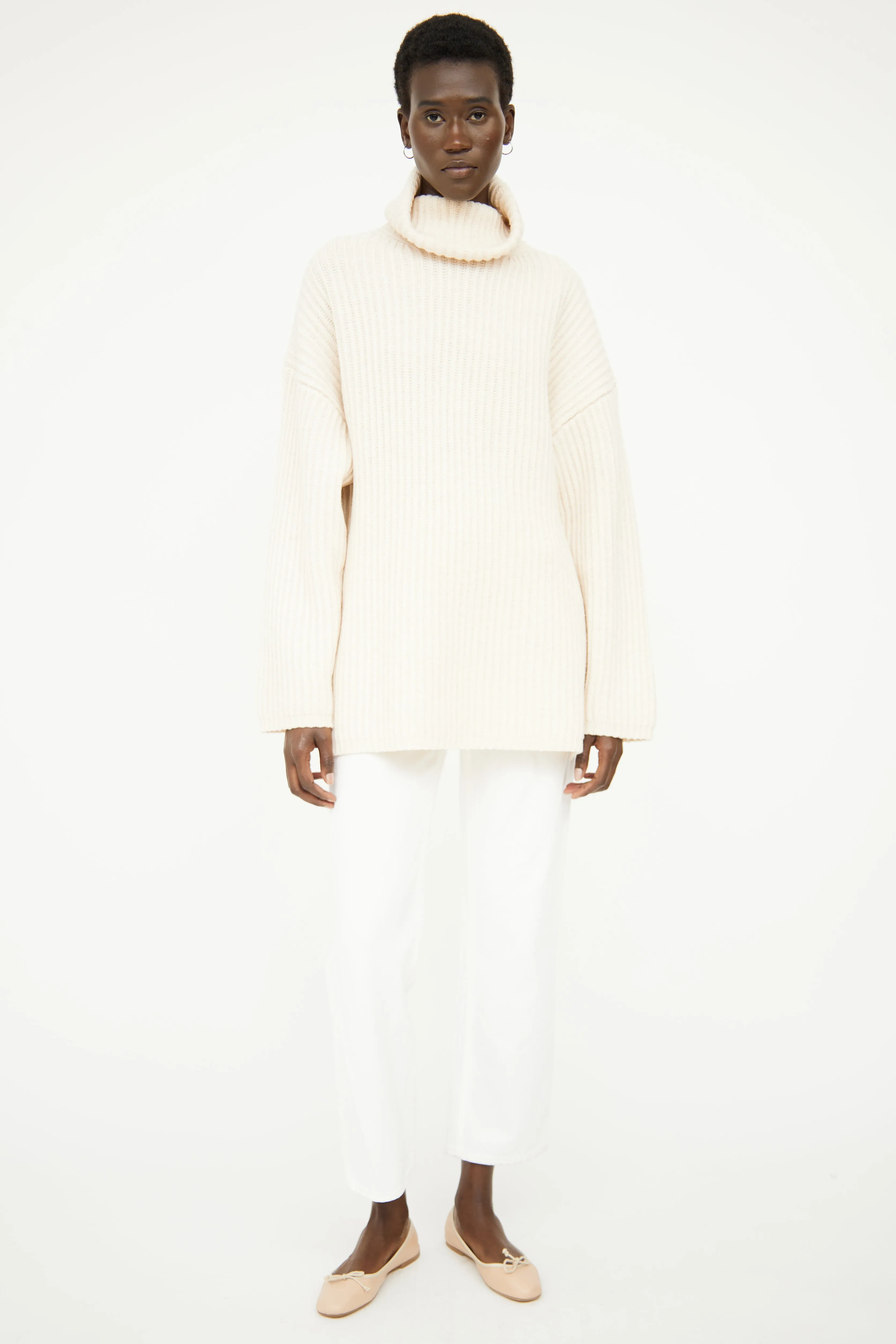 Cream Rib Turtleneck Sweater