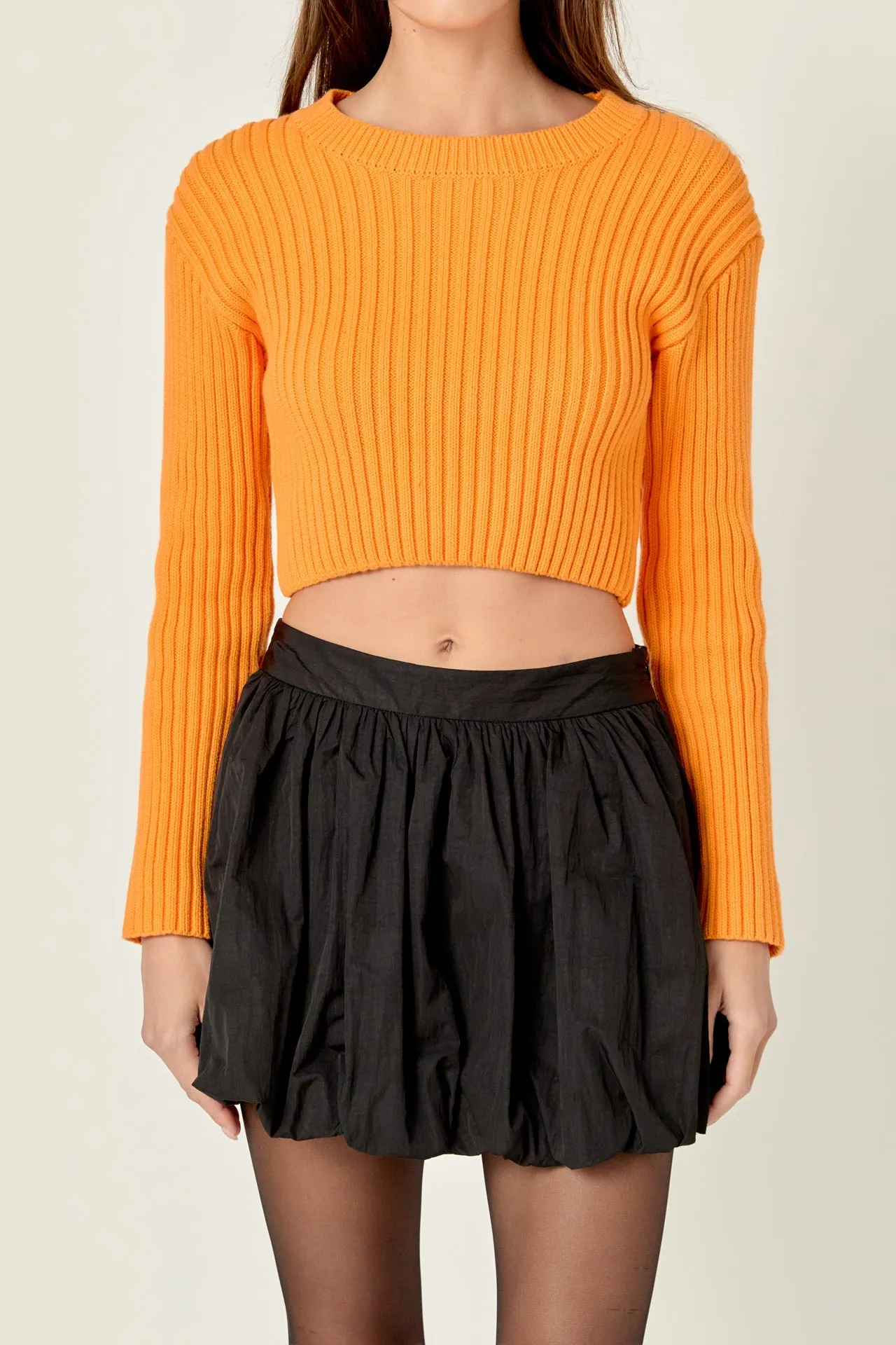 Cropped Ribbed Knit Sweater