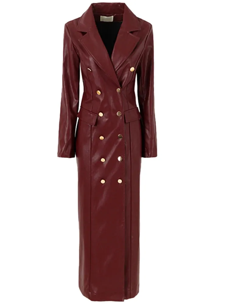 Faux Leather Double-Breasted Longline Coat