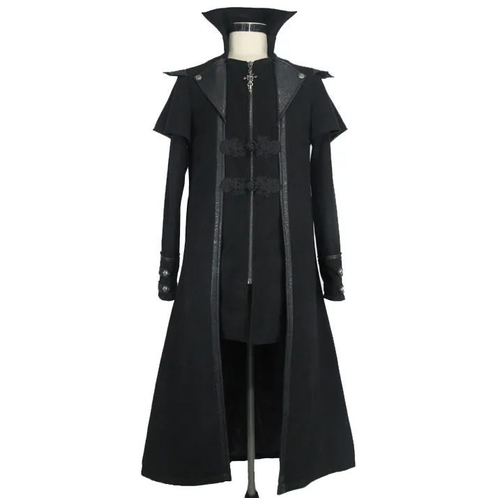 Gothic Zipper Long Trench Coat for Men / Steampunk Black Turndown Collar Coat