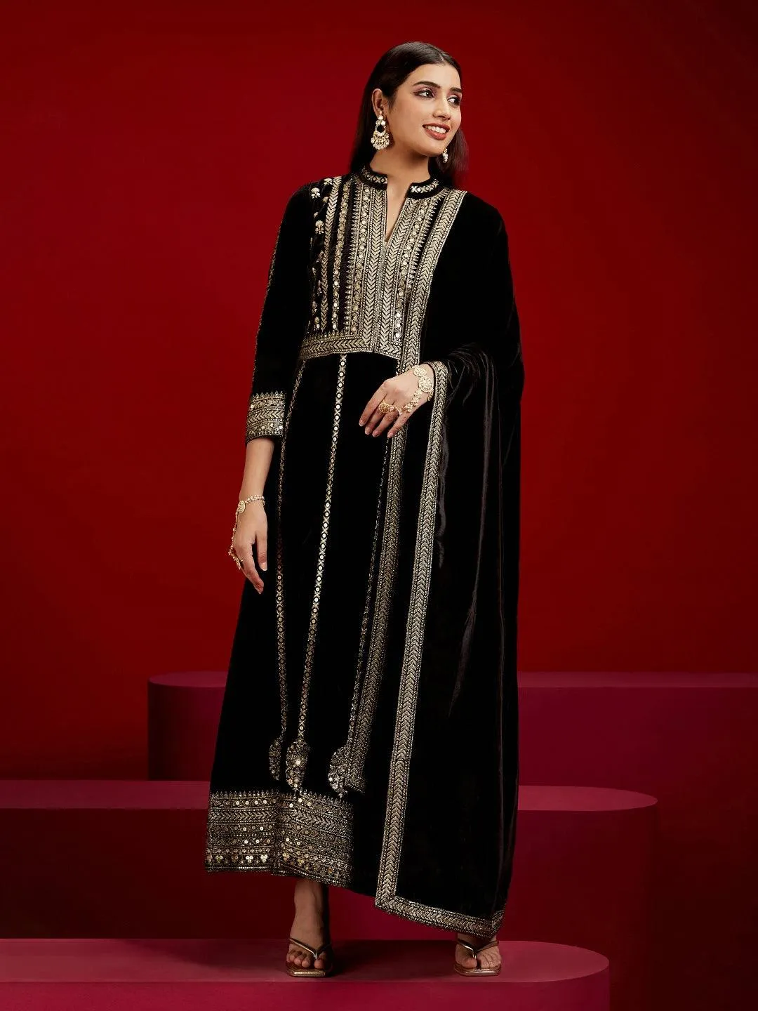Jashvi Art Black Embroidered Velvet A-Line Kurta With Trousers & Dupatta