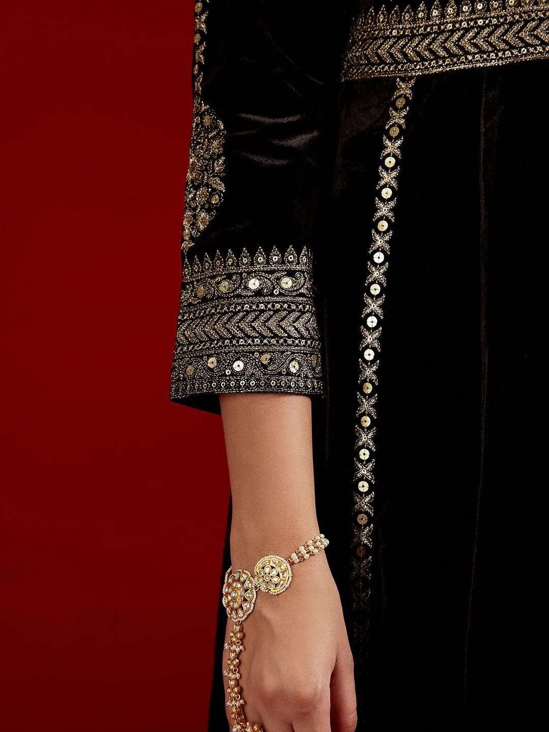Jashvi Art Black Embroidered Velvet A-Line Kurta With Trousers & Dupatta