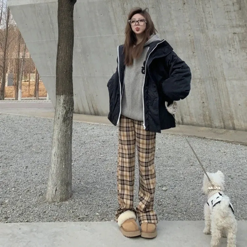 Lanfubeisi grunge outfits Niche Khaki Plaid Casual Trousers Women's Spring and Autumn American Retro High Waist Slimming Micro Flared Pants