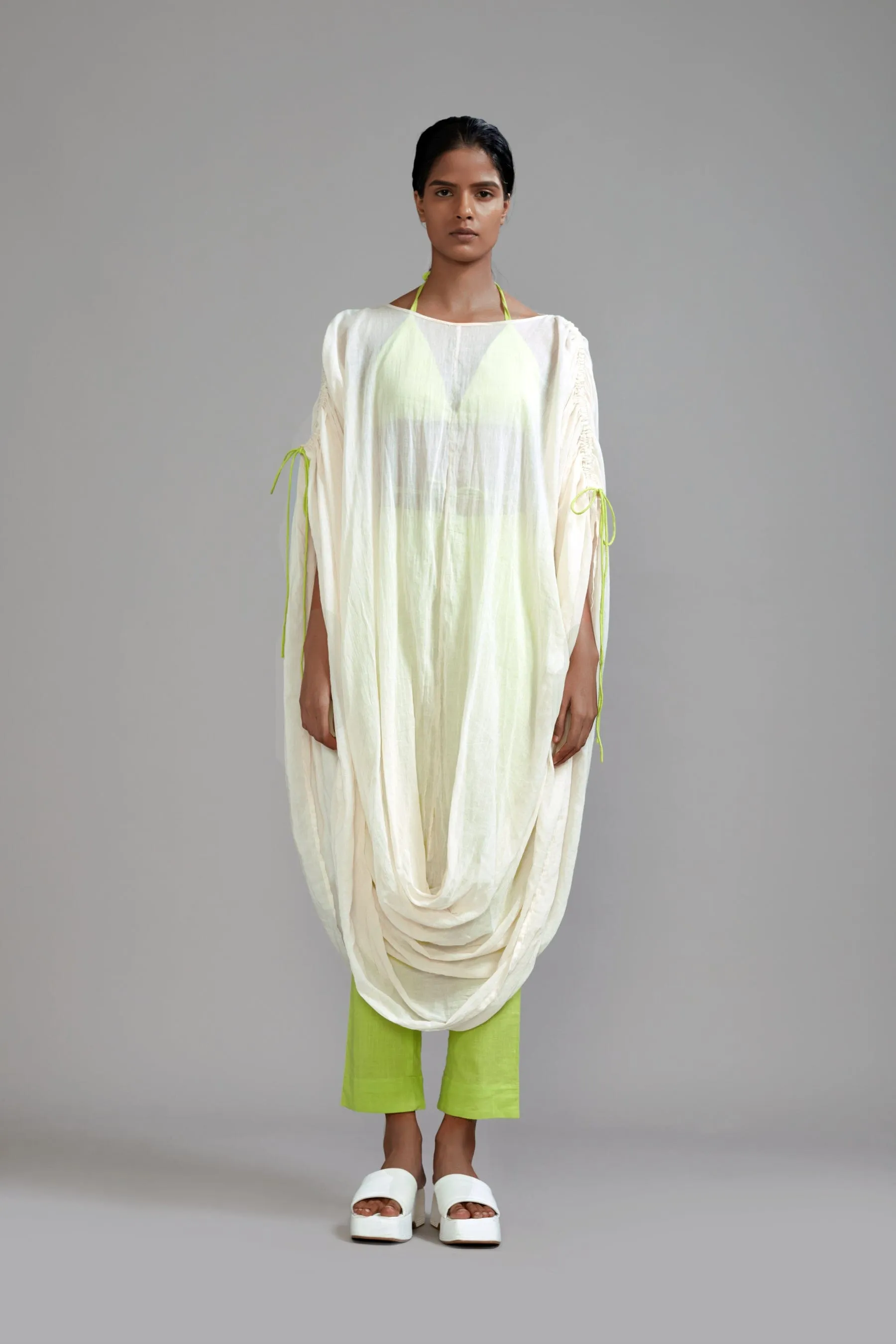 Off-White with Neon Green Gathered Cowl Tunic Set (3 PCS) (Ready to Ship)
