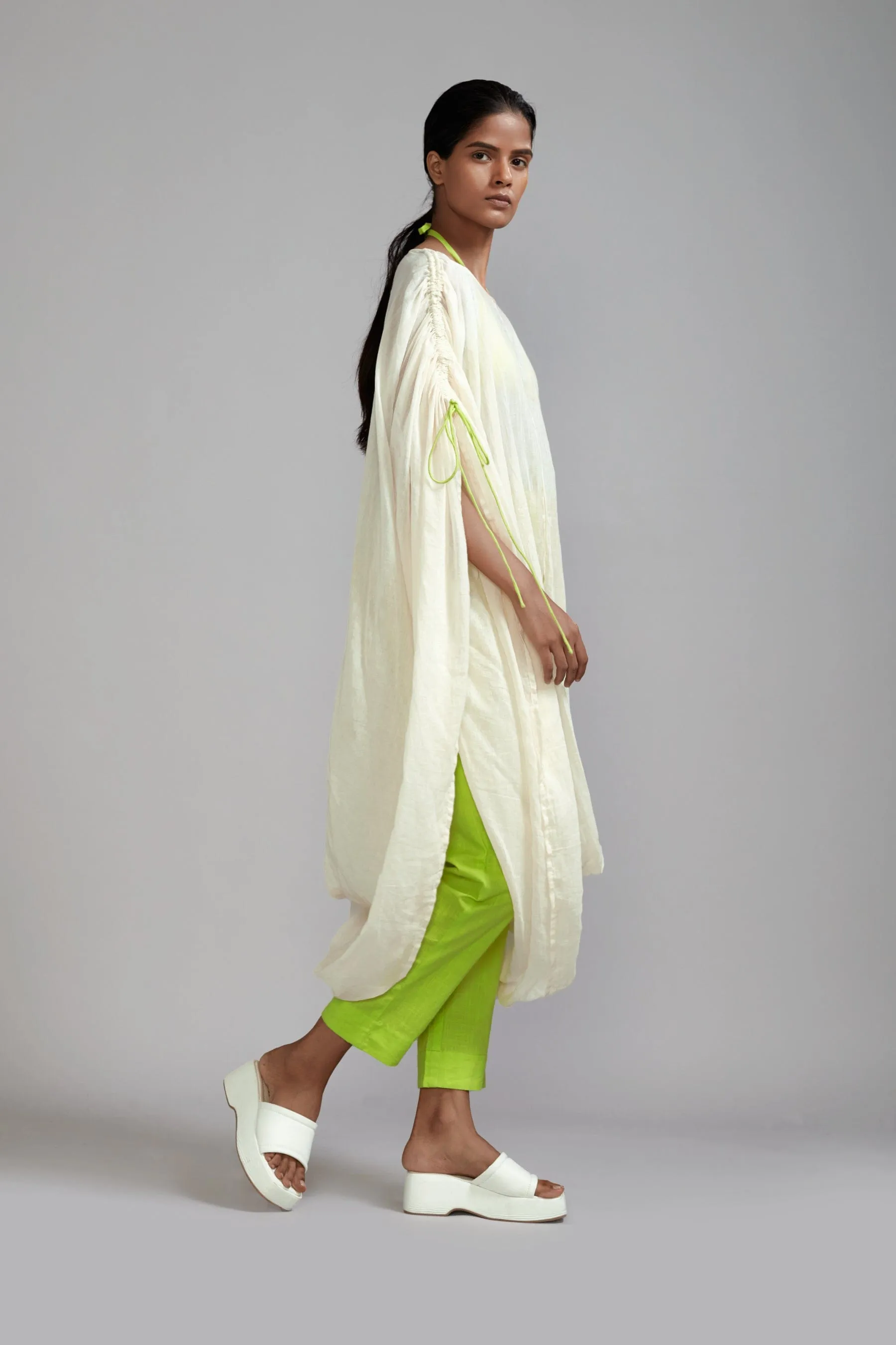 Off-White with Neon Green Gathered Cowl Tunic Set (3 PCS) (Ready to Ship)