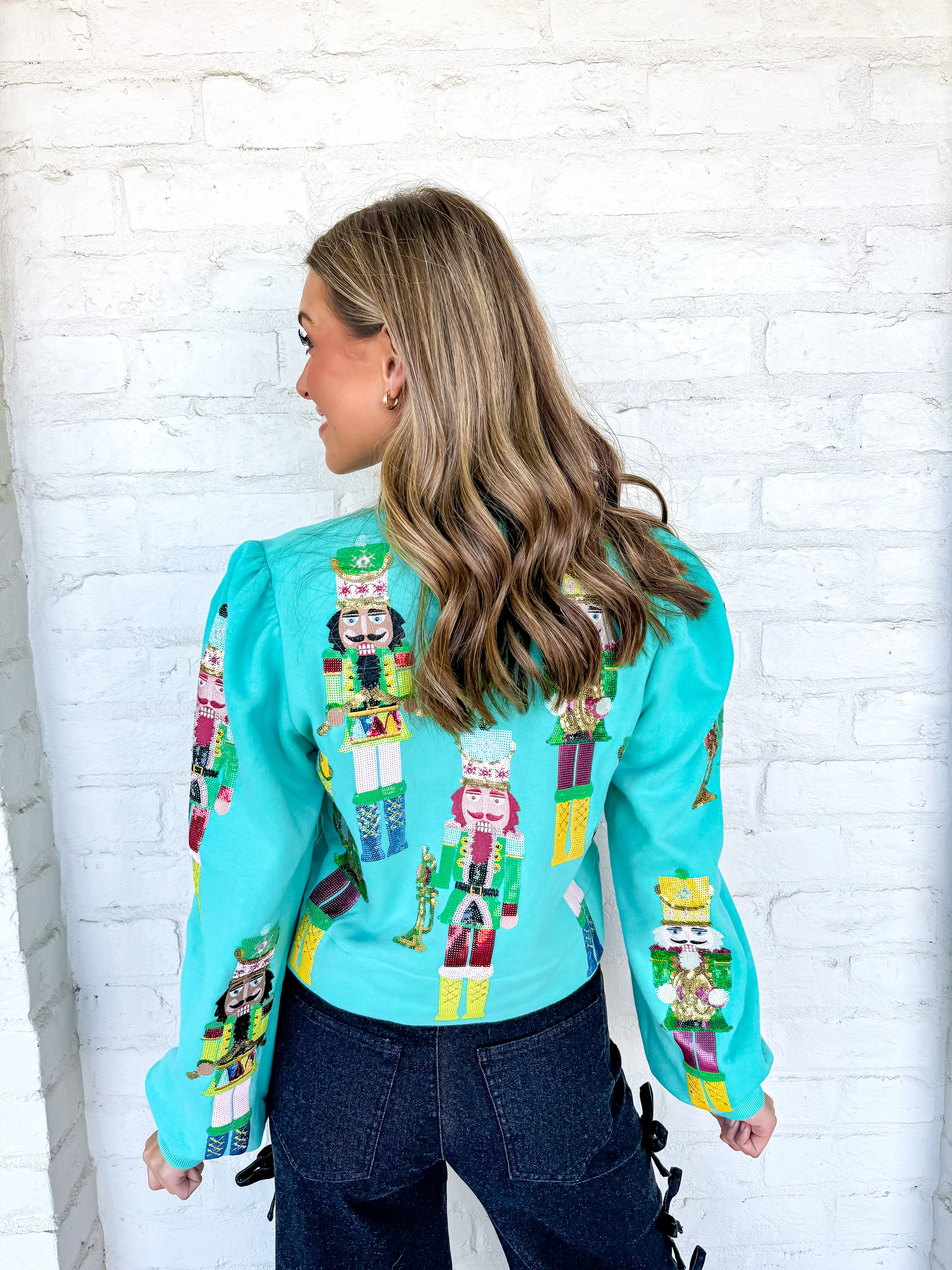 Queen Of Sparkles Teal Nutcracker Band Poof Sleeve Sweatshirt
