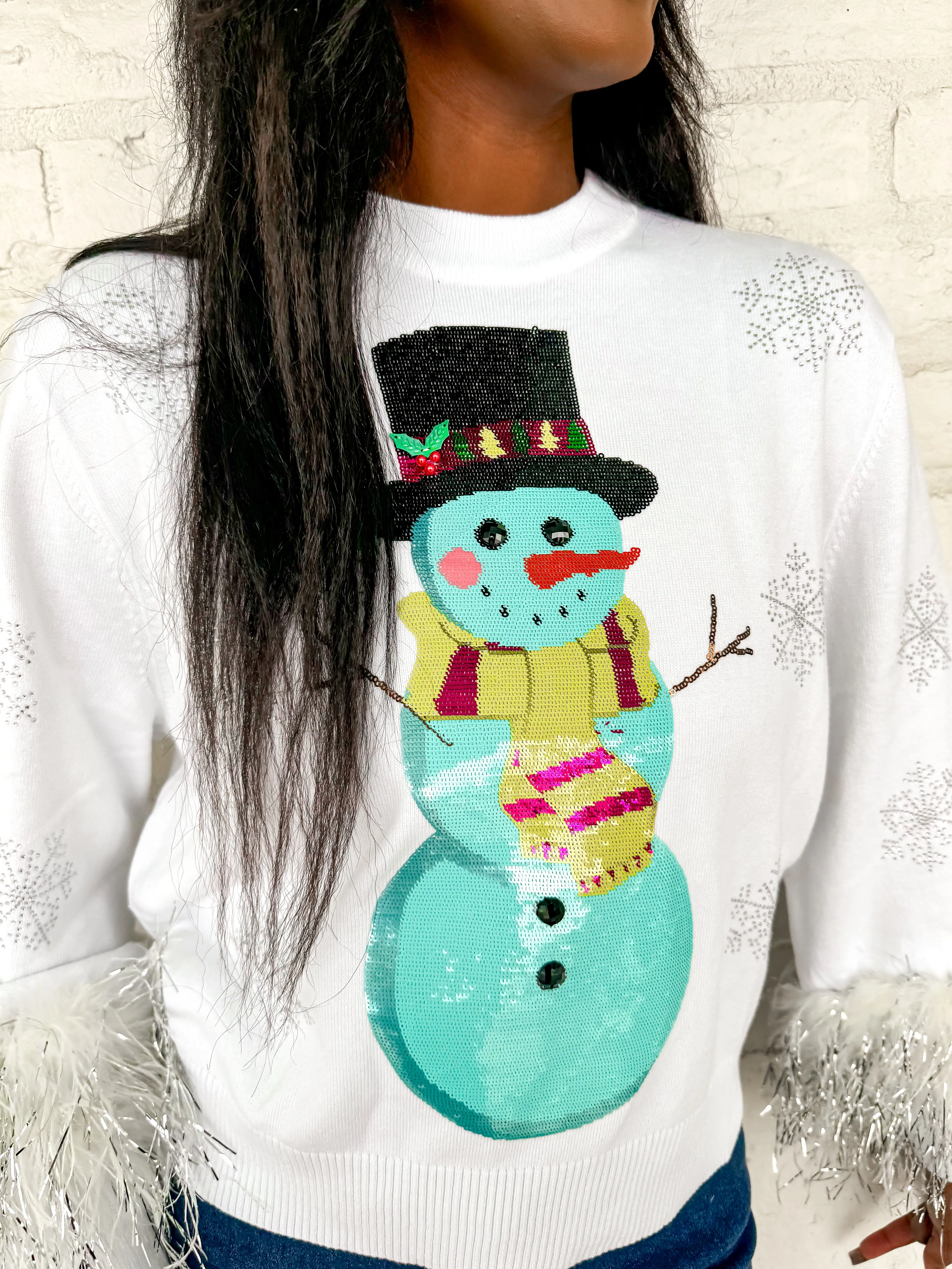 Queen Of Sparkles White & Aqua Snowman Sweater