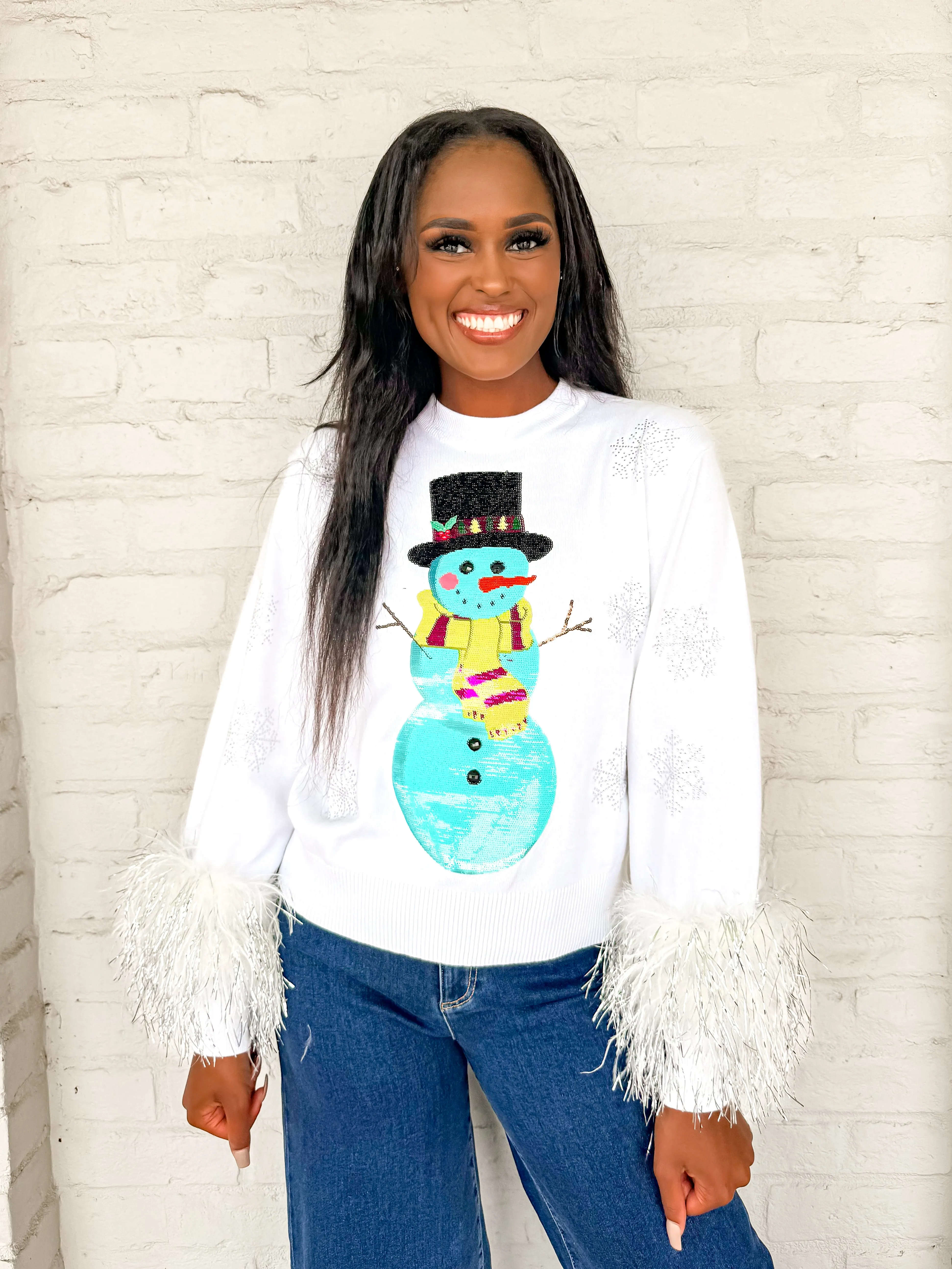 Queen Of Sparkles White & Aqua Snowman Sweater