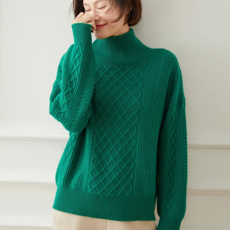 Turtleneck Loose Cable Pattern Slimming Wool Knitted  Bottoming Cashmere Sweater
