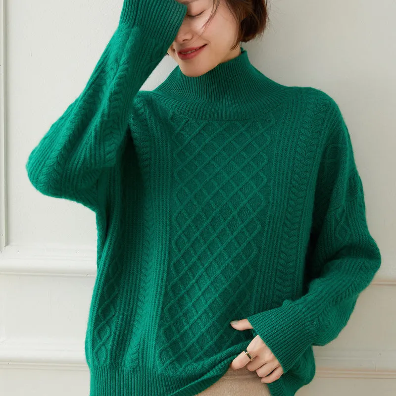 Turtleneck Loose Cable Pattern Slimming Wool Knitted  Bottoming Cashmere Sweater