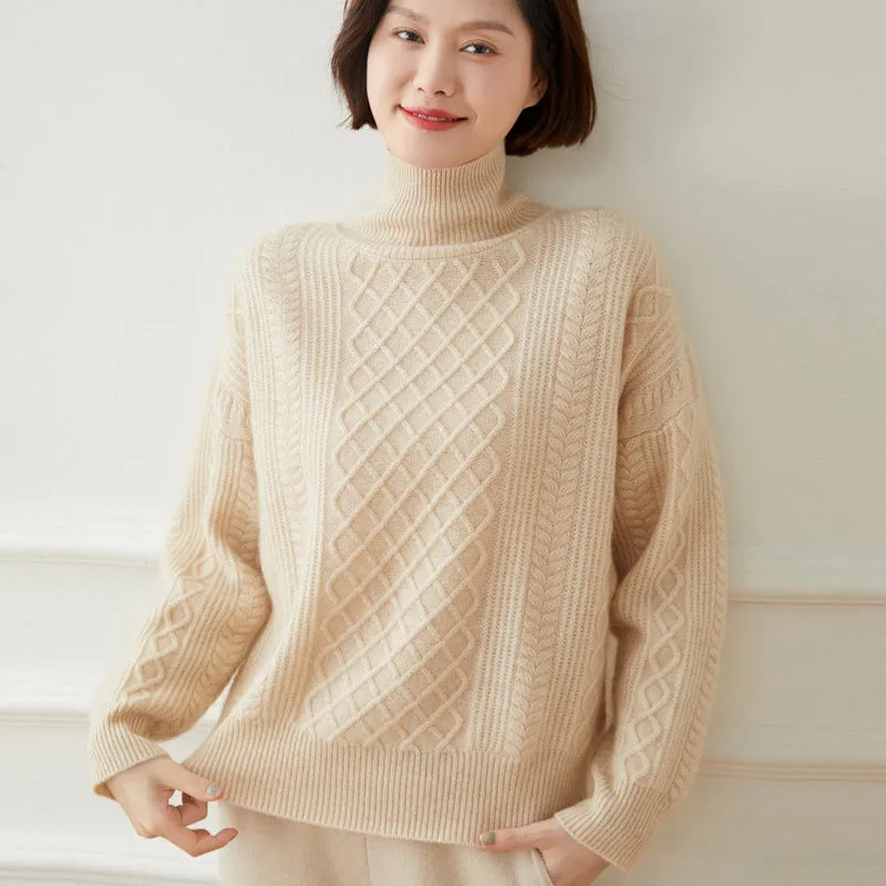 Turtleneck Loose Cable Pattern Slimming Wool Knitted  Bottoming Cashmere Sweater