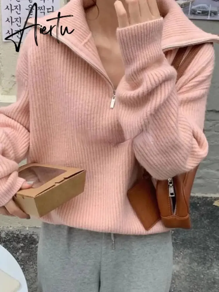 Women's Turtleneck Zippers Fashion Women Sweaters Solid Green Blue Pullover Long Sleeve Casual Knitted Sweater Woman Winter