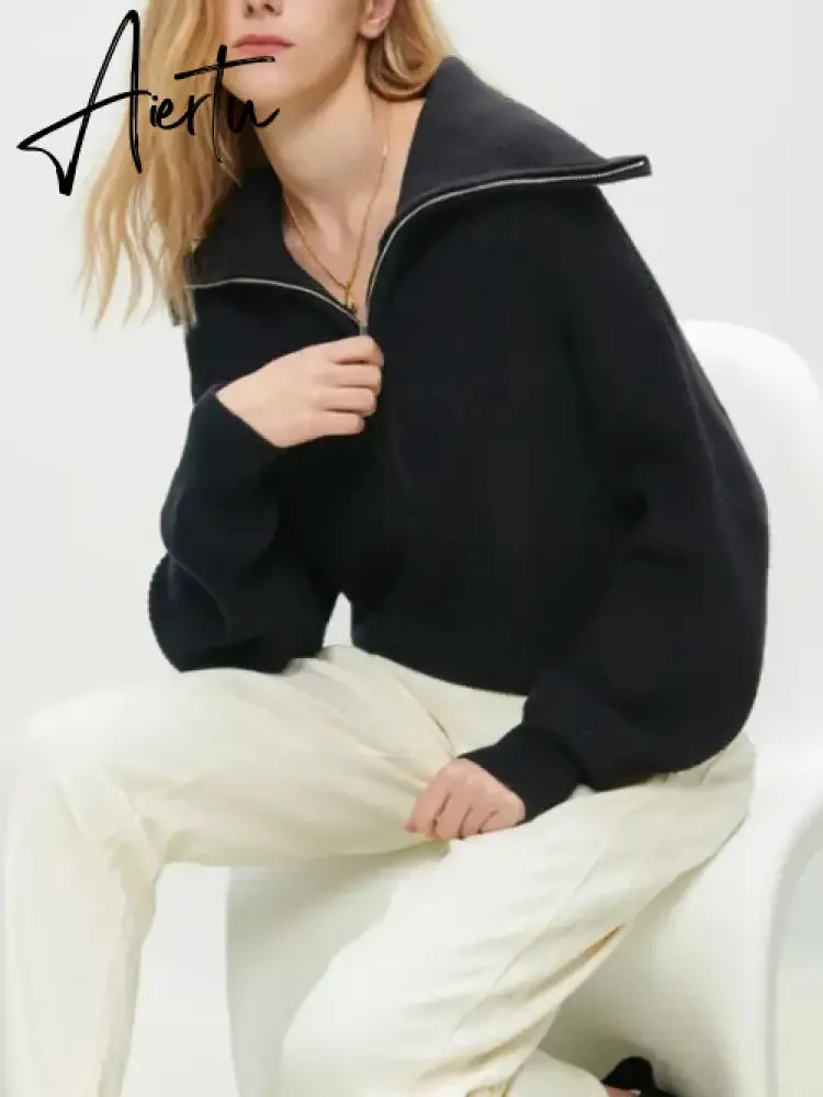 Women's Turtleneck Zippers Fashion Women Sweaters Solid Green Blue Pullover Long Sleeve Casual Knitted Sweater Woman Winter