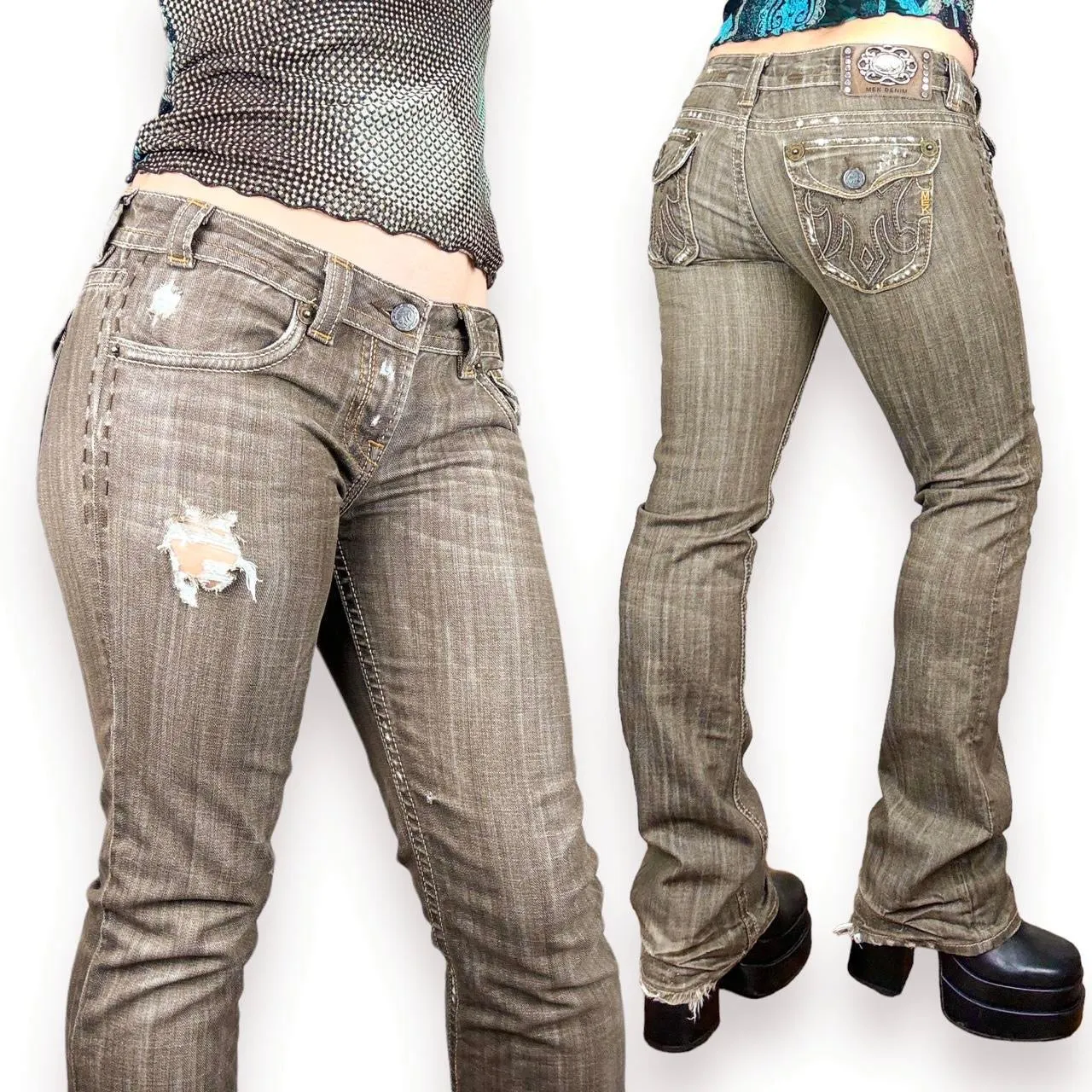 Y2K Distressed Low Rise Flare Jeans (M)