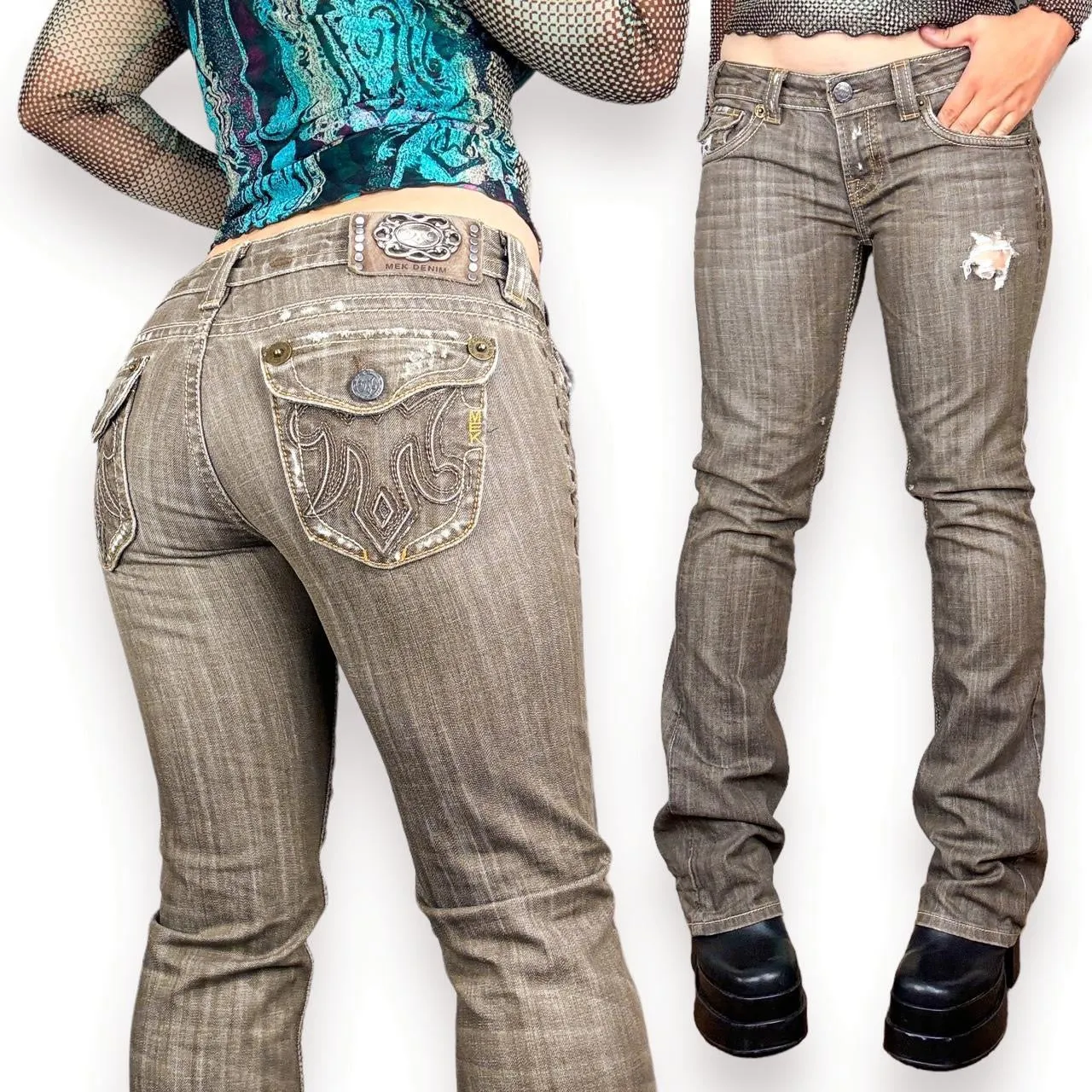 Y2K Distressed Low Rise Flare Jeans (M)