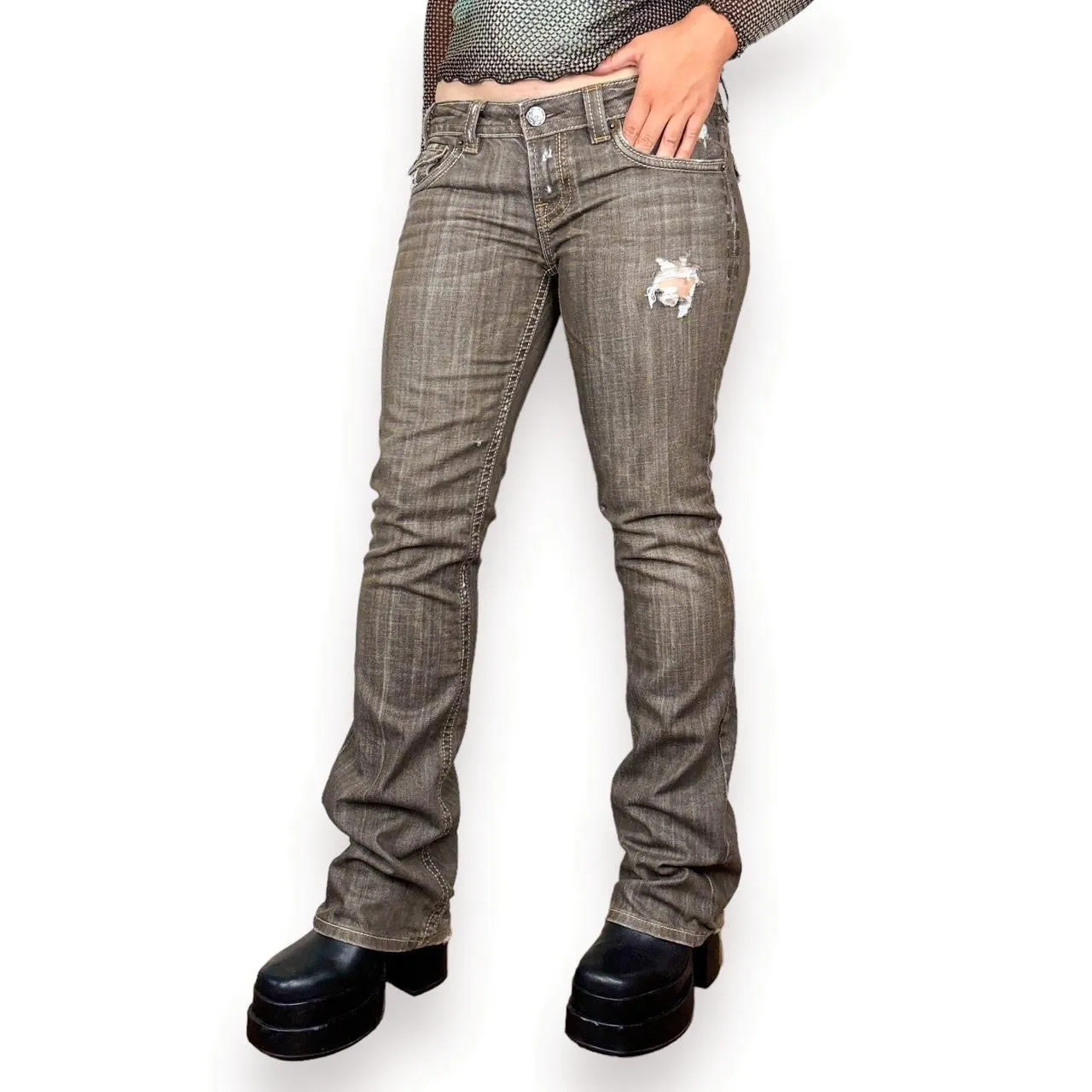 Y2K Distressed Low Rise Flare Jeans (M)