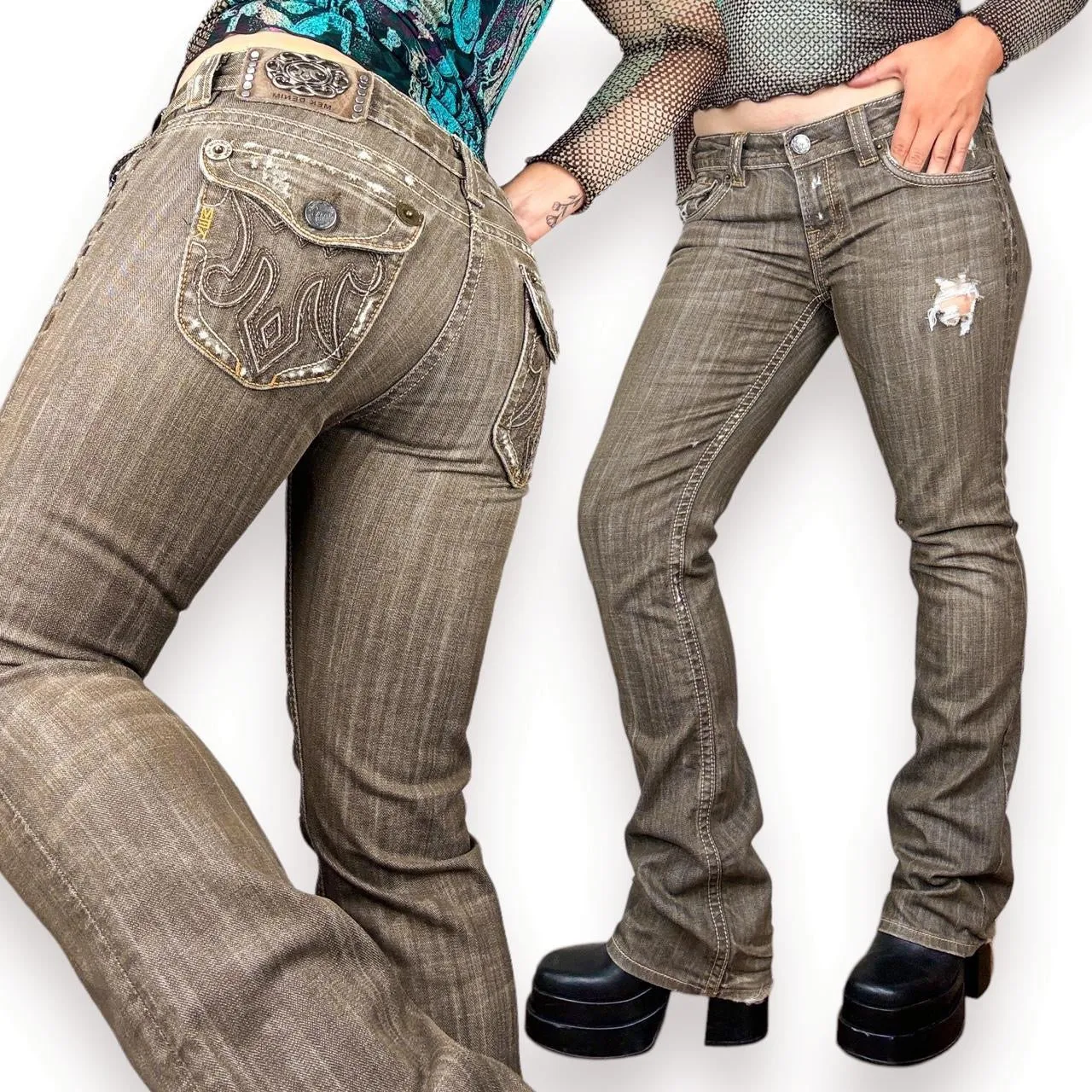 Y2K Distressed Low Rise Flare Jeans (M)