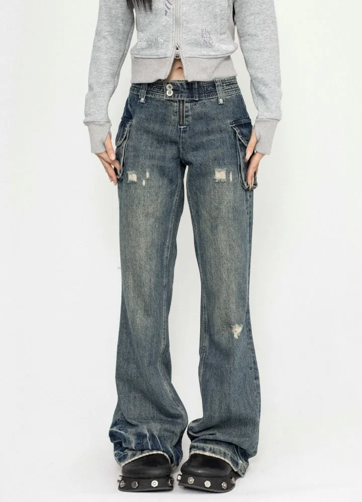 【ZERO STORE】Flared straight silhouette vintage grunge denim pants  ZS0068